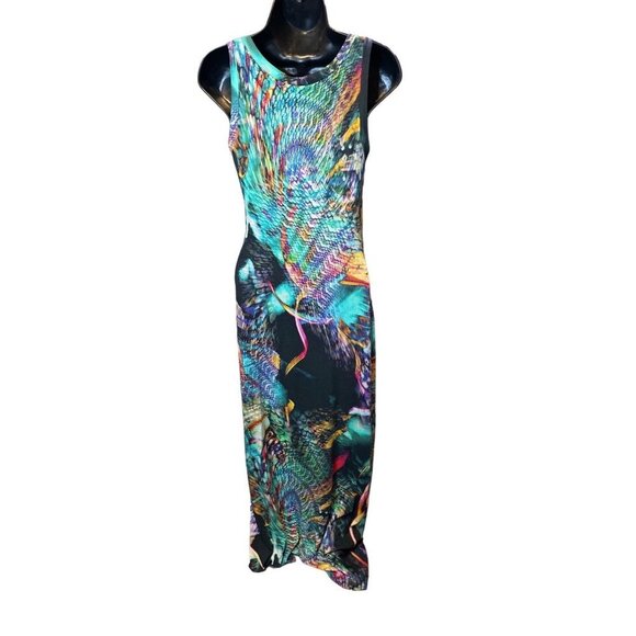 Elaua Kattau Colorful Peacock Sleeveless Maxi Ruched Bodycon Dress - Picture 2 of 8